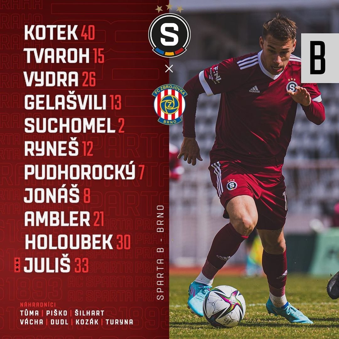 ?️ SESTAVA | ⚔ Na Brno vyběhne tato jedenáctka:

? Kotek - Tvaroh, Vydra, Gelašvili, Suchomel - Ryneš, Pudhorocký, Jonáš, Ambler - Holoubek, Juliš(C).

? Dnešní zápas vysílá ČT Sport!
#acspartaB